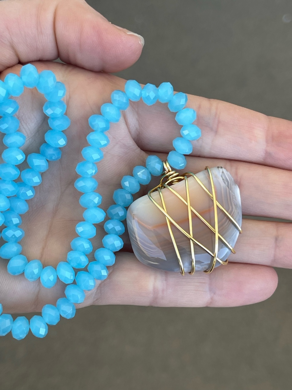 African Agate Gold Wire Wrap Pendant on Blue Glass Beaded Chain